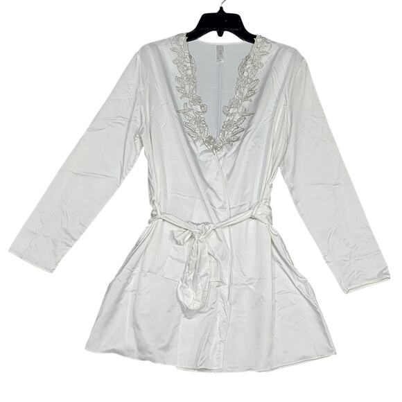 Flora by Flora Nikrooz Satin Ivory Stella Wrap Robe Lace Trim Small Medium - Picture 1 of 10